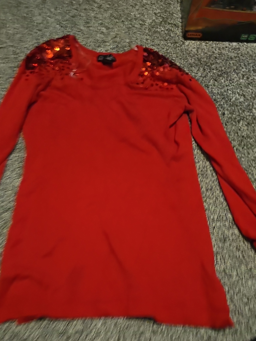Sequin-Shoulder Red Long-Sleeve Dress